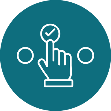 Piktogramm einer Hand, die mit dem Finger auf ein Symbol mit Haken tippt, daneben zwei Kreise, weiß auf blauem Kreis.